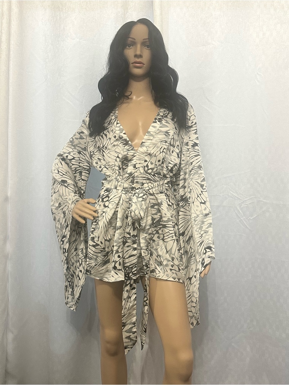 Kimono Printed Romper with Dolman Sleeves